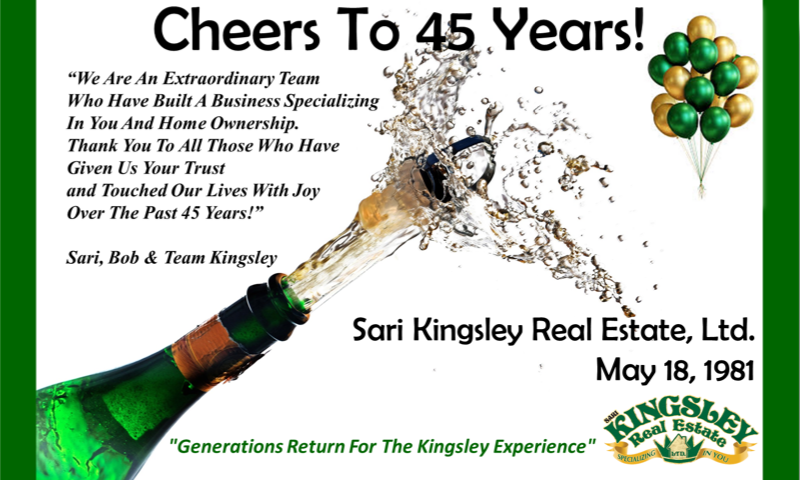 Graphic celebrating 45 years of Sari Kingsley Real Estate, LTD